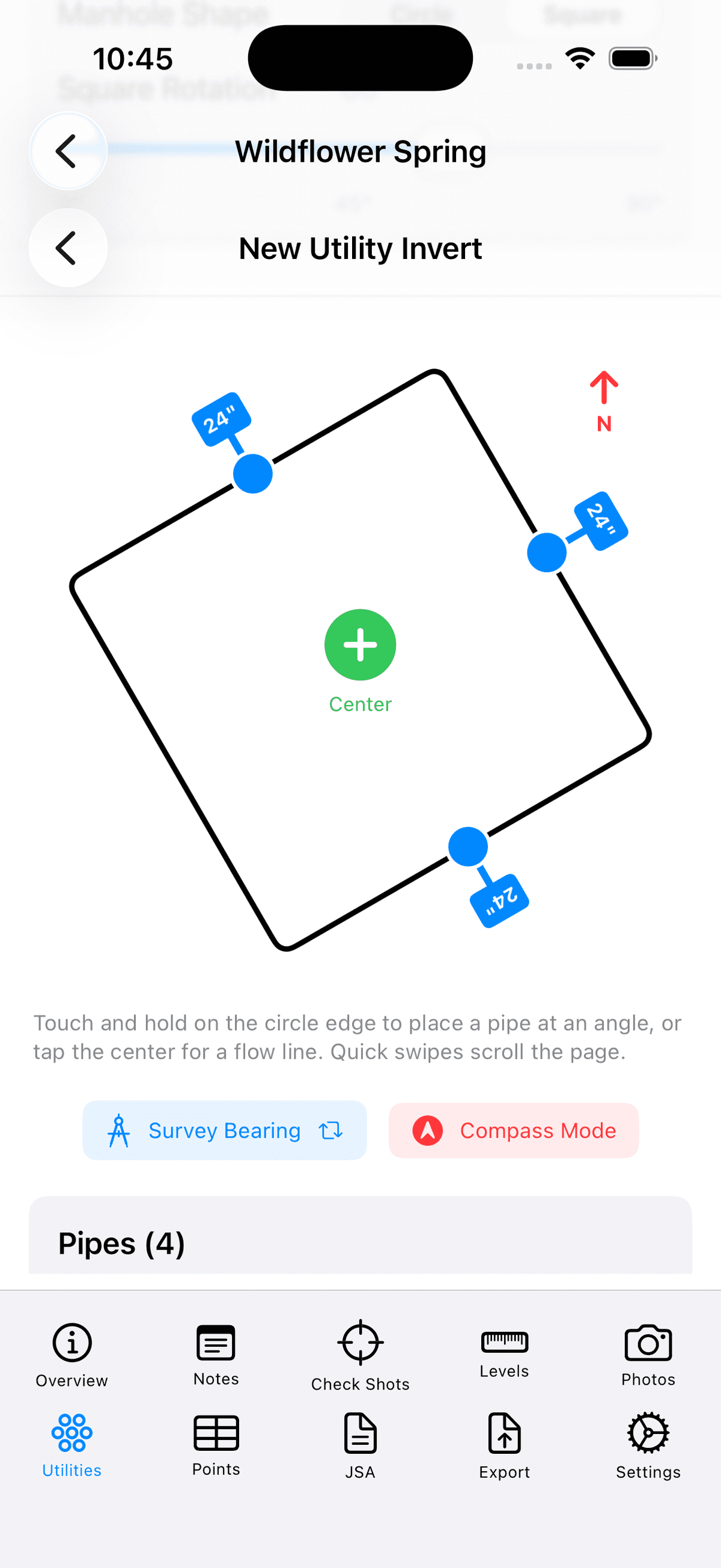 SlateTablet interactive manhole diagram with pipe placement using survey bearing or compass mode
