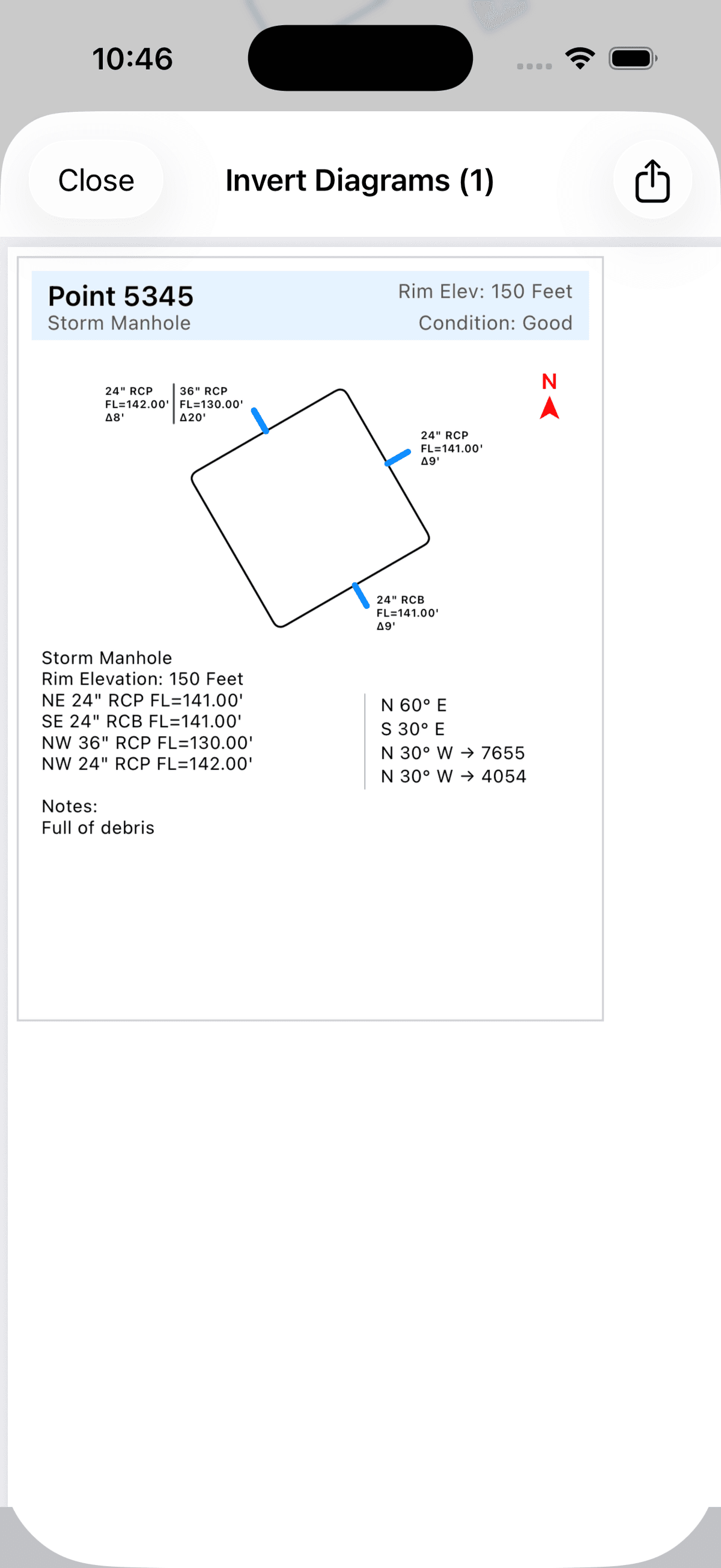 SlateTablet invert PDF export showing manhole diagram with pipe inverts, directions, and field notes