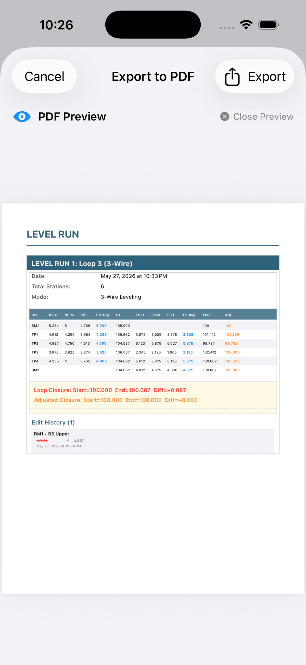 SlateTablet PDF export preview showing a formatted level run report with loop closure and adjusted elevations
